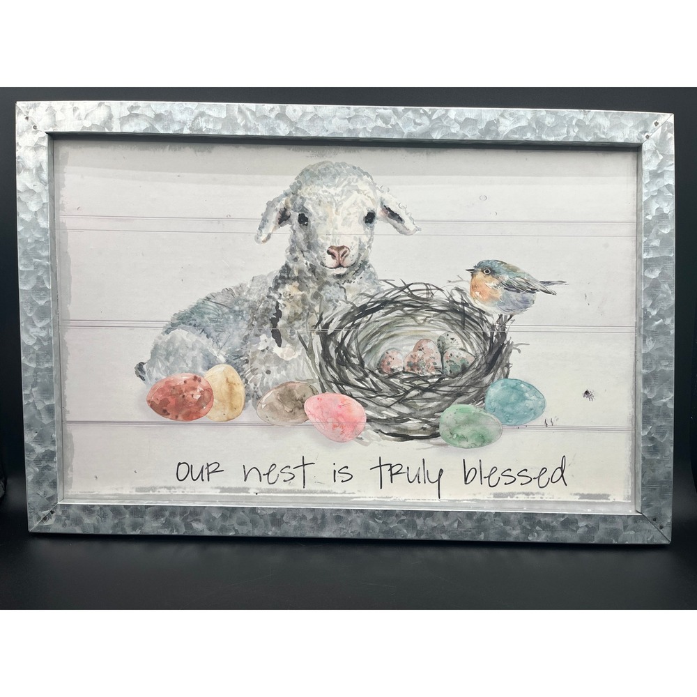Farmhouse Galvanized Framed Art Our Nest Is Truly Blessed Lamb Bird 18.25x12